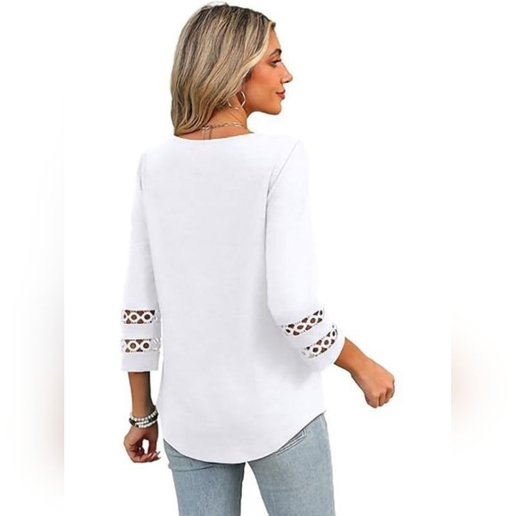 Women's Full Size White V-Neck Top with Lace Sleeves - Picture 3 of 7